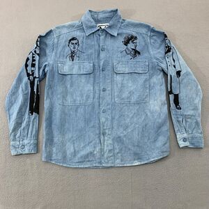 Samuel Zelig Shirt Mens Medium Blue Chambray Embroidered Portraits Chambray VTG